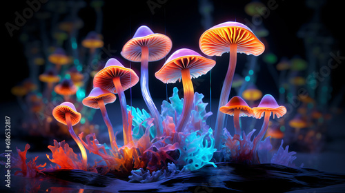 Surreal colorful glowing mushrooms