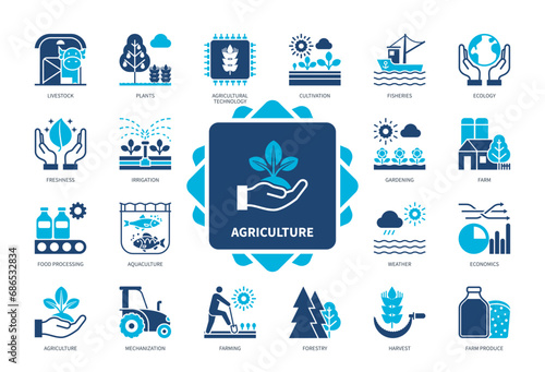 Agriculture icon set. Plants, Livestock, Farming, Ecology, Farms Produce, Irrigation, Cultivation, Aquaculture. Duotone color solid icons
