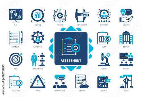 Assessment icon set. Communication, Goal, Audit, Measurement, Process, Risks, Solution, Analysis, Result. Duotone color solid icons