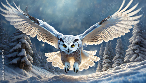 A white owl or snowy owl (Bubo Scandiacus) flying low over the snow covered ground while hunting. In the background a blurry landscape of pine and fir trees covered in snow during a snowfall. photo