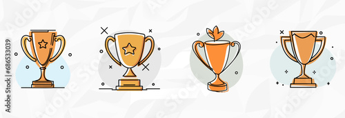 Erfolgsstolz: Bundle mit Trophäen als künstlerische Lineart-Illustrationen
