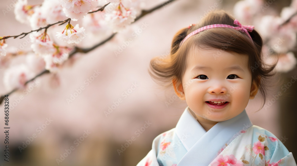Asian baby girl in kimono with cherry blossoms Asian baby girl in kimono with cherry blossoms