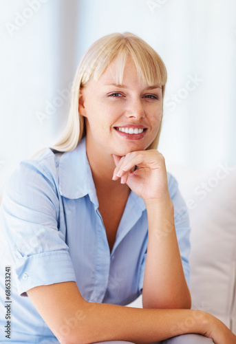 Portrait, thinking and happy business woman in office, workplace or corporate company in Switzerland. Face smile, confident professional entrepreneur and agent, worker and employee in profile picture