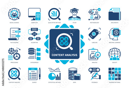 Content Analysis icon set. Statistical Method, Machine Learning, Algorithm, Social Science, Qualitative Method, Labeling, Survey, Computer. Duotone color solid icons