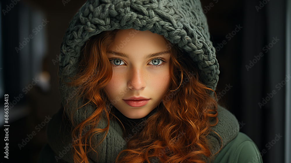 A beautiful girl with red hair and blue eyes is looking into the camera. A beautiful girl with red hair and blue eyes is looking into the camera.