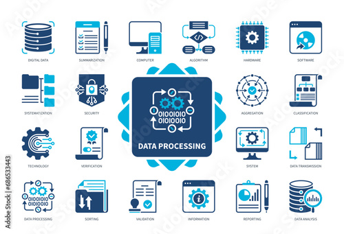 Data Processing icon set. Data, Validation, Aggregation, Summarisation, Data Analysis, Classification, Verification, Reporting. Duotone color solid icons