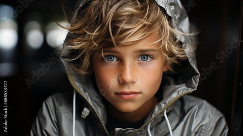 Portrait of a beautiful blond boy with blue eyes looking into the camera.