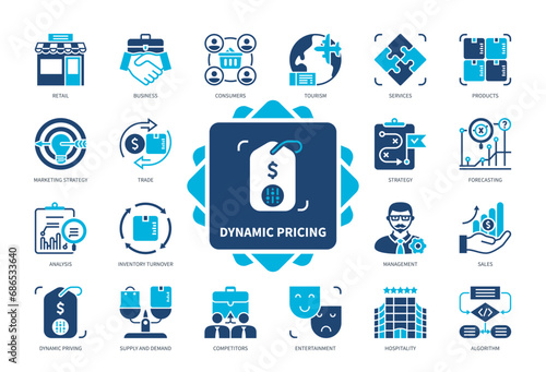 Dynamic Pricing icon set. Market, Sales, Strategy, Products, Supply and Demand, Competitors, Consumers, Forecasting. Duotone color solid icons