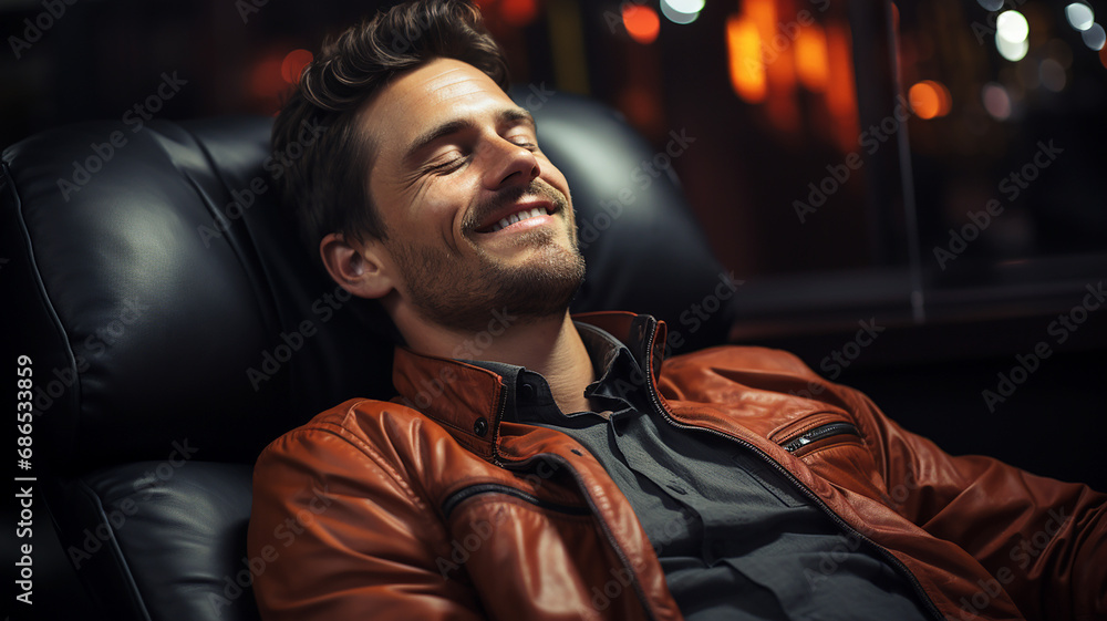 A man relaxes with his eyes closed on a leather couch - obrazy, fototapety, plakaty 