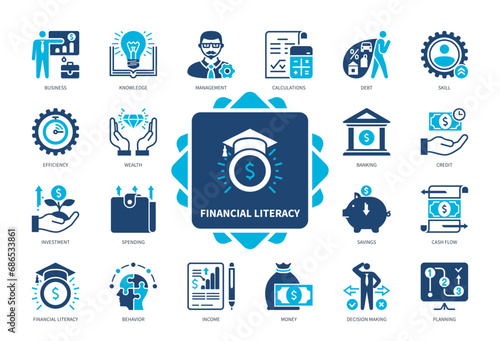 Financial Literacy icon set. Knowledge, Spending, Management, Business, Savings, Efficiency, Income, Planning. Duotone color solid icons