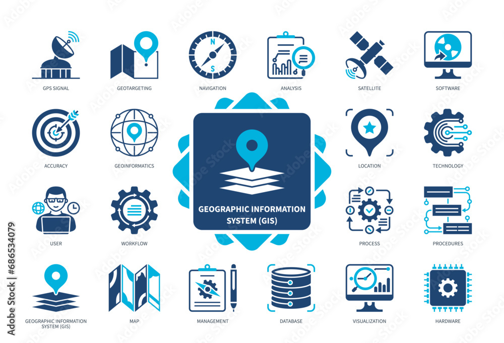 Geographic Information System GIS icon set. Database, Accuracy, Satellite, Geotargeting, Management, Navigation, Location, Software. Duotone color solid icons - obrazy, fototapety, plakaty 