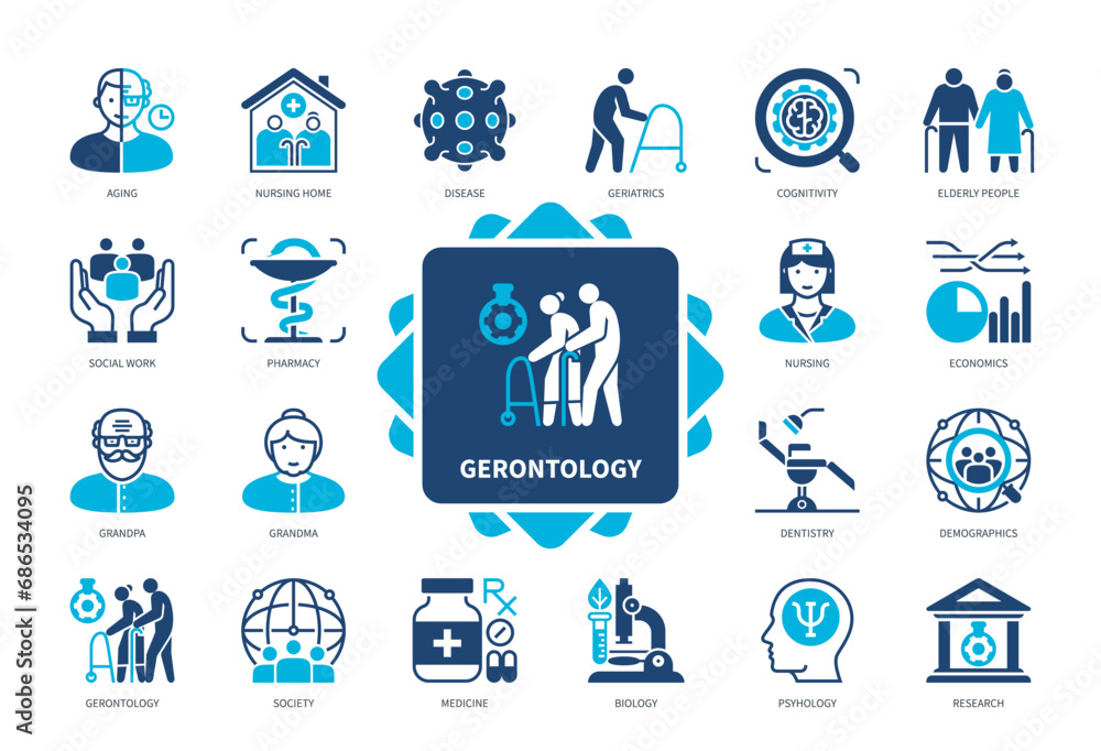 Gerontology icon set. Aging, Society, Elderly People, Demographics, Psychology, Nursing Home, Geriatrics, Cognitivity. Duotone color solid icons - obrazy, fototapety, plakaty 