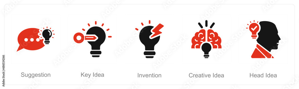 A set of 5 Idea icons as suggestion, key idea, invention A set of 5 Idea icons as suggestion, key idea, invention