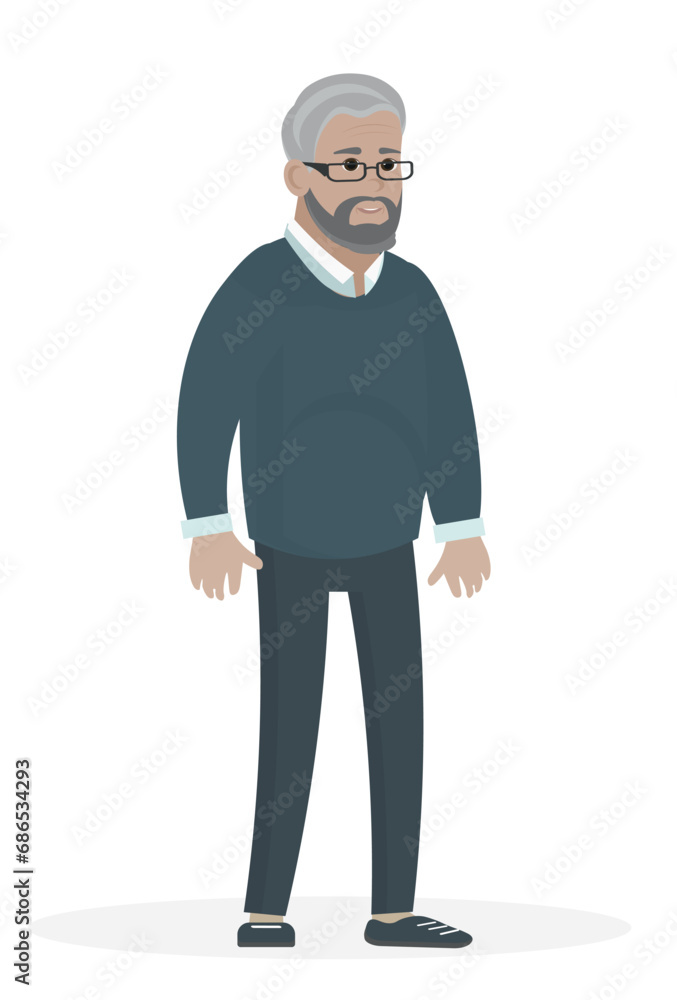Grandfather. Old man, grey hair. full length. Standing. vector illustration. Flat design. Grandfather. Old man, grey hair. full length. Standing. vector illustration. Flat design.