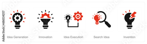 A set of 5 Idea icons as idea generation, innovation, idea execution
