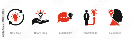 A set of 5 Idea icons as new idea, share idea, suggestion