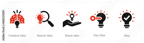 A set of 5 Idea icons as creative idea, search idea, share idea