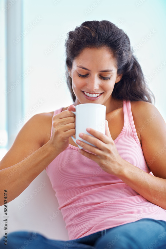 Relax, coffee break and woman in house for thinking, resting or enjoying peaceful moment, day off or me time. Face, smile and female person in a living room with tea, calm or weekend freedom chilling Relax, coffee break and woman in house for thinking, resting or enjoying peaceful moment, day off or me time. Face, smile and female person in a living room with tea, calm or weekend freedom chilling
