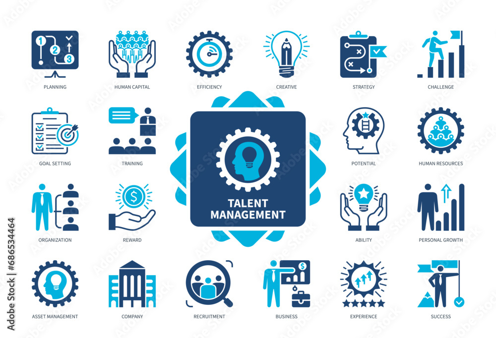 Talent Management icon set. Engagement, Ability, Efficiency, Aspiration, Potential, Creativity, HR Management, Human Resources. Duotone color solid icons Talent Management icon set. Engagement, Ability, Efficiency, Aspiration, Potential, Creativity, HR Management, Human Resources. Duotone color solid icons