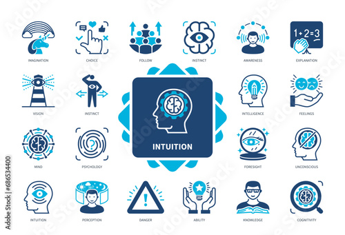 Intuition icon set. Imagination, Vision, Instinct, Psychology, Perception, Foresight, Unconsious, Cognitivity. Duotone color solid icons photo
