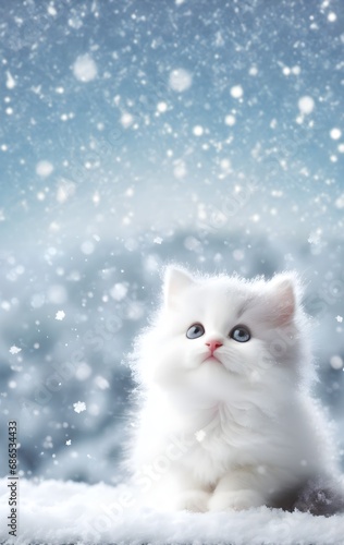 Cute little kitten looks at the falling snow