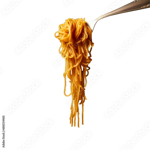 Twirled spaghetti with sauce on a fork, transparent background.