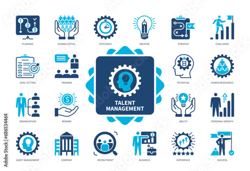 Talent Management icon set. Engagement, Ability, Efficiency, Aspiration, Potential, Creativity, HR Management, Human Resources. Duotone color solid icons
