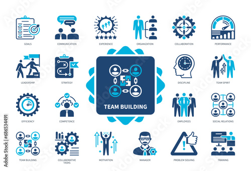 Team Building icon set. Team Spirit, Motivation, Training, Competency, Collaboration, Communication, Goal, Social Relations. Duotone color solid icons