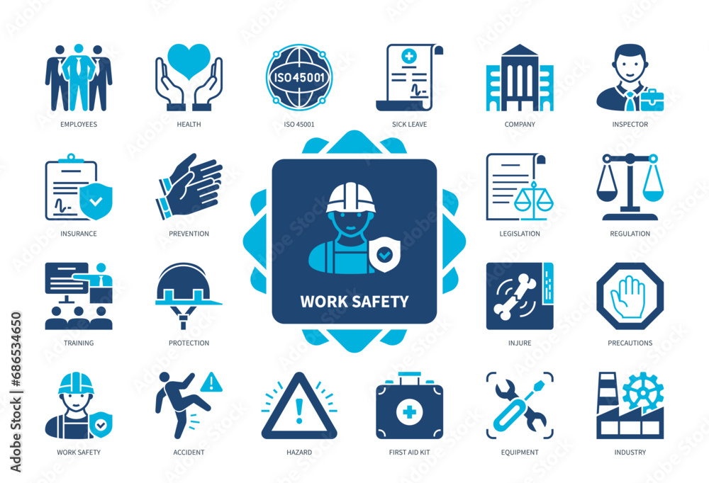 Work Safety icon set. Protection, Hazard, First Aid Kit, Precautions, Health, Equipment, Training. Duotone color solid icons Work Safety icon set. Protection, Hazard, First Aid Kit, Precautions, Health, Equipment, Training. Duotone color solid icons