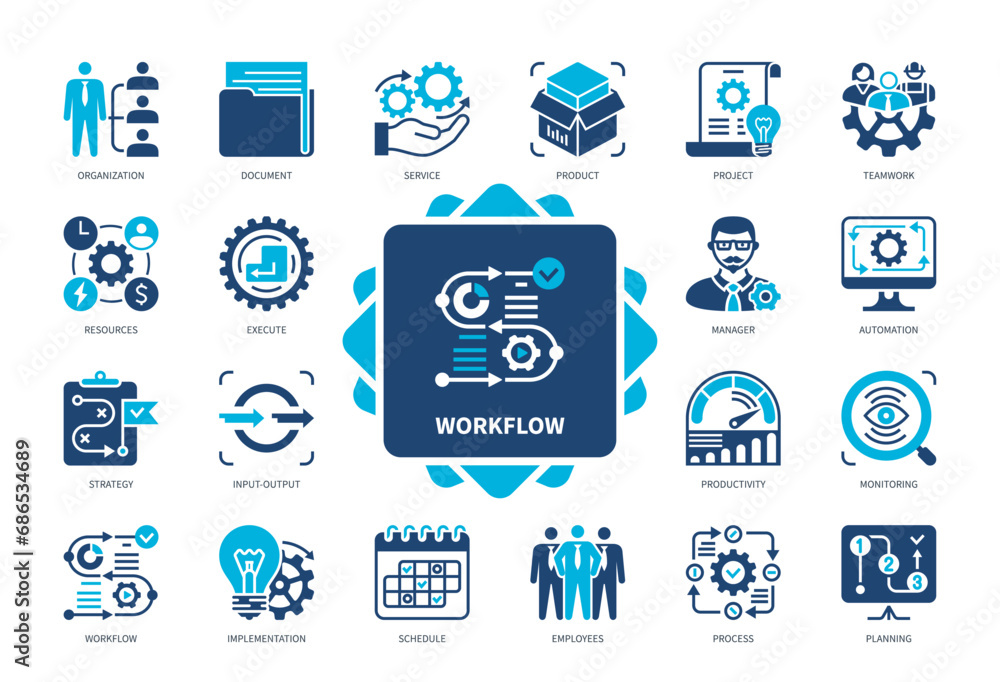 Workflow icon set. Teamwork, Strategy, Project, Schedule, Manager, Resources, Process, Documentation. Duotone color solid icons - obrazy, fototapety, plakaty 