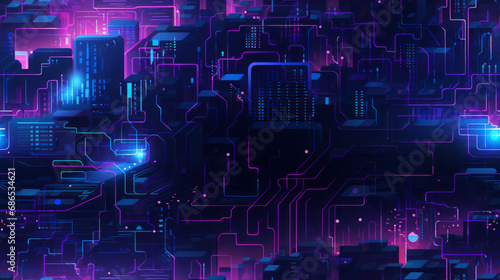 Seamless pattern background with a futuristic cyberpunk vibe. Neon lights, circuitry patterns, and futuristic elements blend together, creating a dynamic and edgy pattern photo