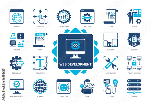 Web Development icon set. Platform, Typography, Testing, Coding, Maintenance, Usability, Website, Design. Duotone color solid icons