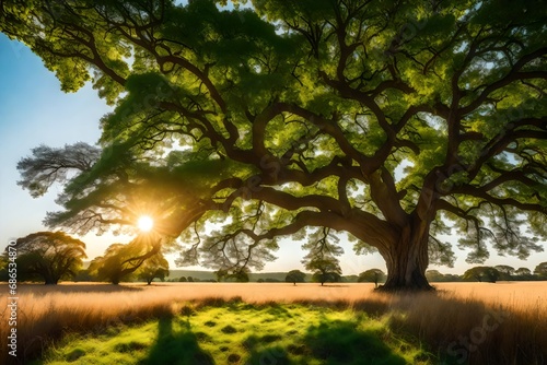 The sun shining through a majestic green oak tree on a meadow,