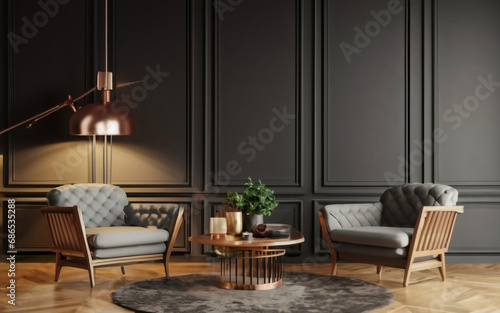 Modern interior design for home, office, upholstered furniture against the background of a dark classic wall. Ai Generative © AI Stocks