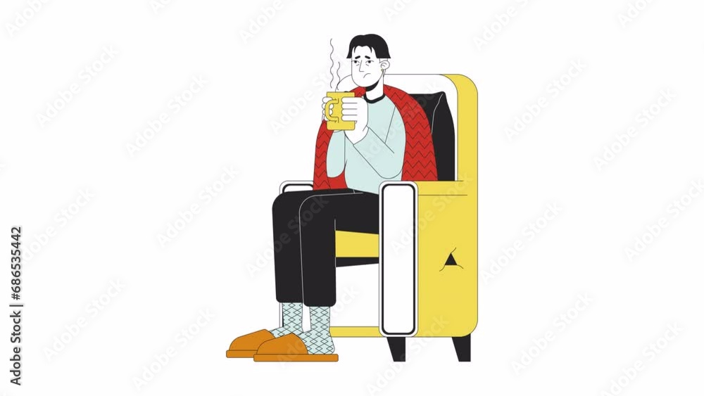 Treating flu at home line cartoon animation. Warming up, staying hydrated 4K video motion graphic. Asian sick man drinking tea in armchair 2D linear animated character isolated on white background Treating flu at home line cartoon animation. Warming up, staying hydrated 4K video motion graphic. Asian sick man drinking tea in armchair 2D linear animated character isolated on white background
