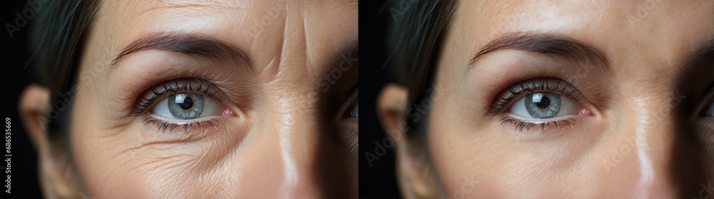 A woman with wrinkles and no wrinkles around her eyes. Photos before and after. - obrazy, fototapety, plakaty 