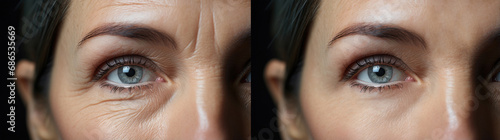 A woman with wrinkles and no wrinkles around her eyes. Photos before and after. photo