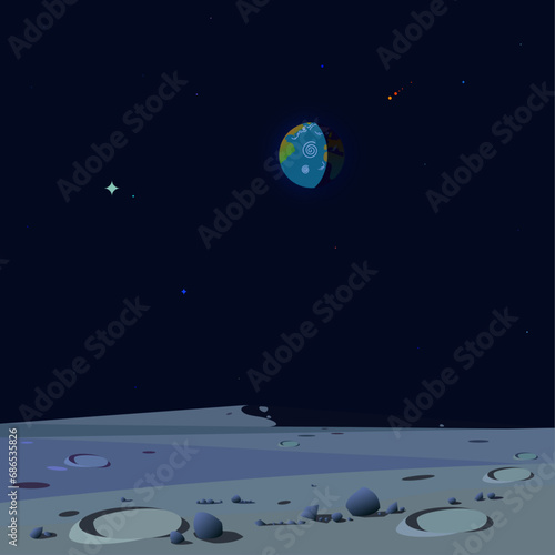 Moon landscape vector illustration. Planet Earth view from The Moon