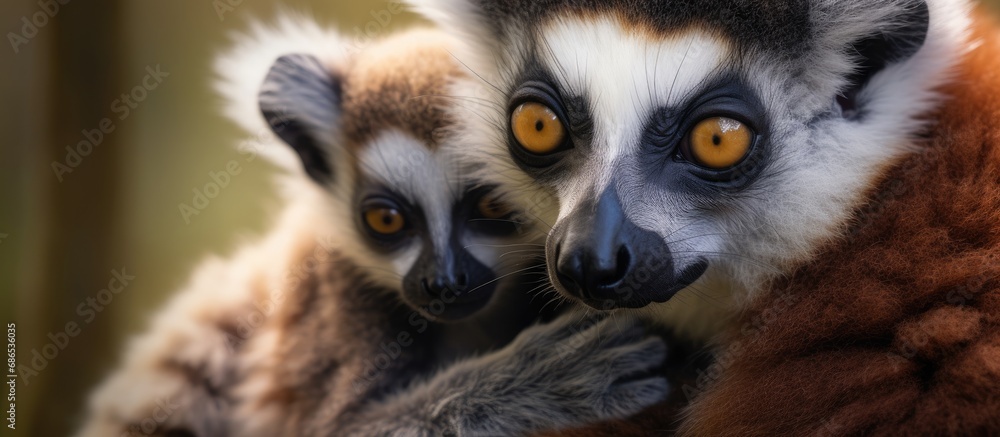 Obraz premium Baby lemur affectionately embraces its mother