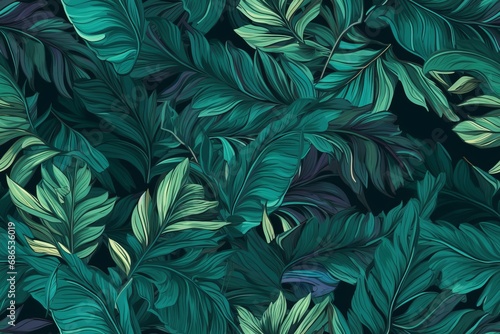 Seamless vibrant pattern featuring green tropical monstera leaves, creating a lively and exotic visual arrangement. photo