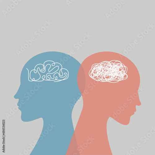 Metaphor bipolar disorder mind mental. Double face. Split personality. Concept mood disorder. 2 Head silhouette.Psychology. Mental health. Dual personality concept. Tangle and untangle
