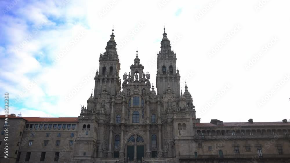 Establishing shot of Cathedral in Santiago de Compostela Galicia Spain