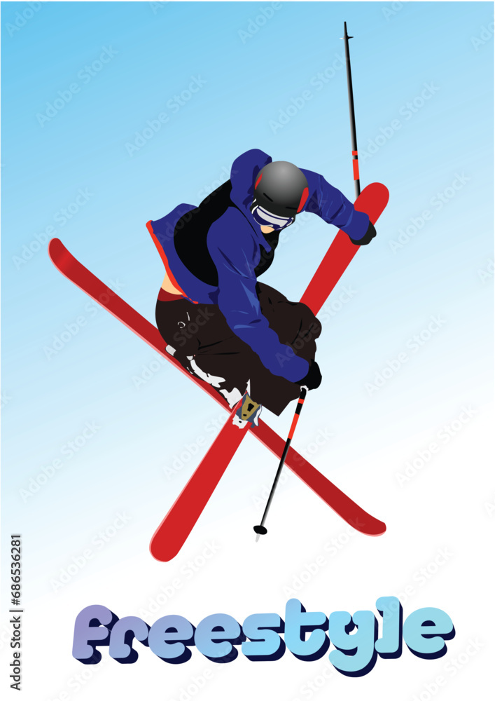 Slopestyle freestyle. Ski. 3d vector