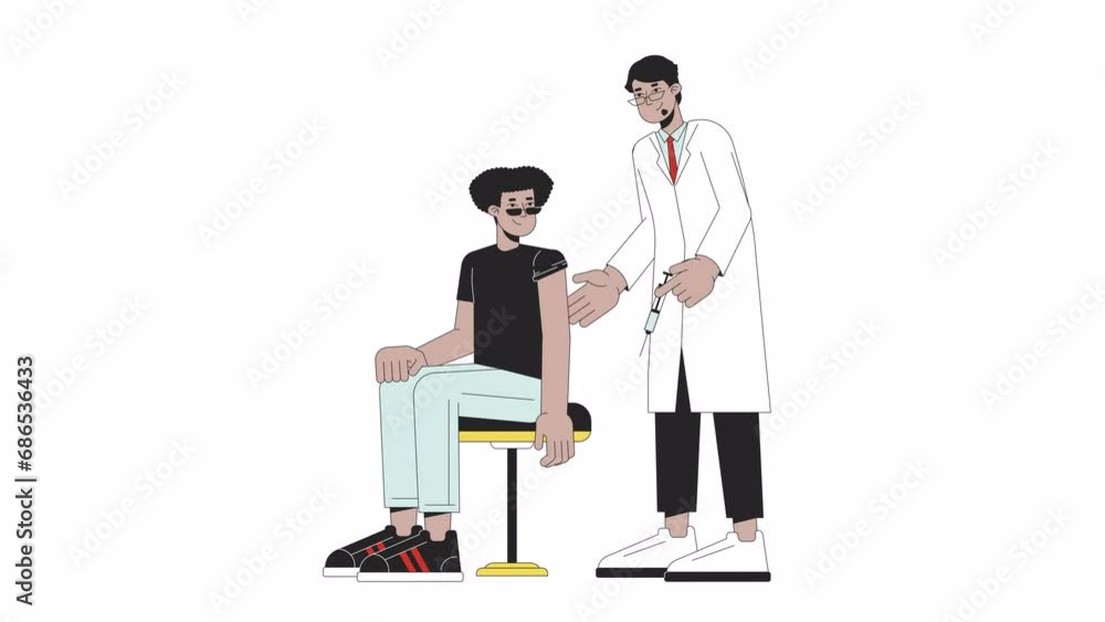 Vaccination student line cartoon animation. Infection control hospital 4K video motion graphic. Arab doctor vaccine injecting latino man 2D linear animated characters isolated on white background Vaccination student line cartoon animation. Infection control hospital 4K video motion graphic. Arab doctor vaccine injecting latino man 2D linear animated characters isolated on white background