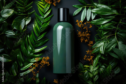Green jar with a dispenser for organic and natural cosmetics on a wooden podium against the background of branches made of leaves. Layout for logo and label application photo