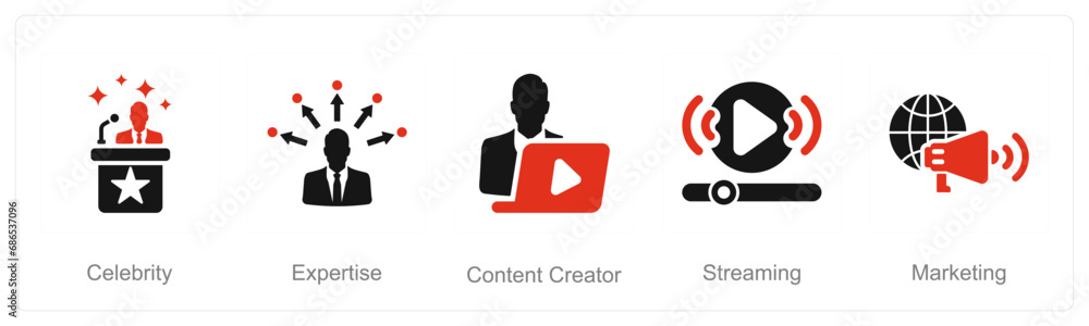 A set of 5 Influencer icons as celebrity, expertise, content creator A set of 5 Influencer icons as celebrity, expertise, content creator