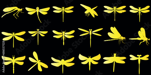 Set of Dragonflies Vector Illustration on Black Background. Perfect for nature, summer, insect-themed designs. Stylized dragonfly in various positions, wings spread and folded. Ideal for print, fabric