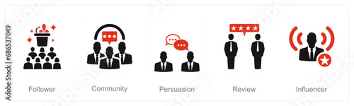 A set of 5 Influencer icons as follower, community, persuasion