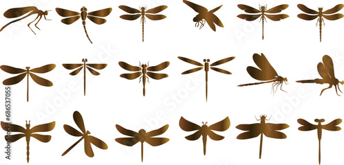Dragonfly Vector Illustration Set, Brown Tones, Nature-Inspired Dragonflies, Summer Designs, Different Species, Flying, Resting, Perching, Hovering, White Background.