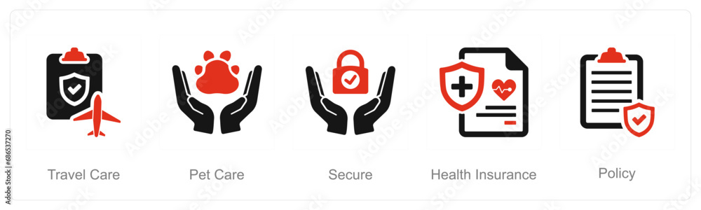 A set of 5 Insurance icons as travel care, pet care, secure A set of 5 Insurance icons as travel care, pet care, secure